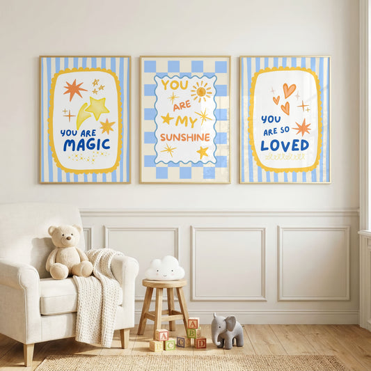 You Are My Sunshine – Vintage Striped Nursery Wall Art Set of 3  Baby Room Decor