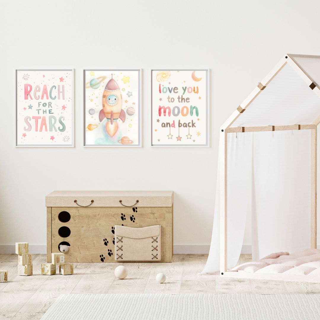 Space Nursery Wall Art Set of 3 – Moon & Stars Kids Room Decor – Digital Download