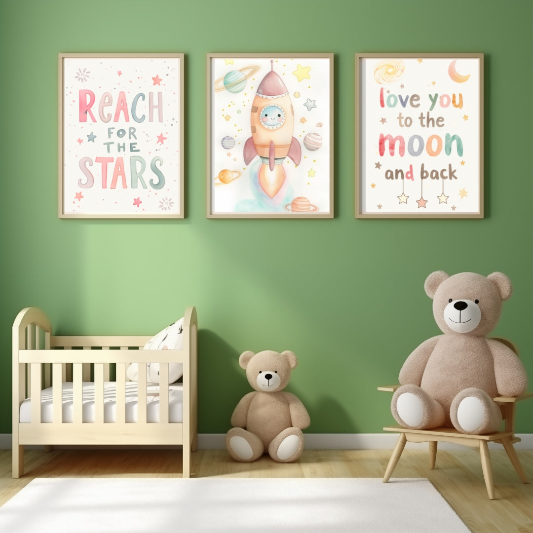 Space Nursery Wall Art Set of 3 – Moon & Stars Kids Room Decor – Digital Download
