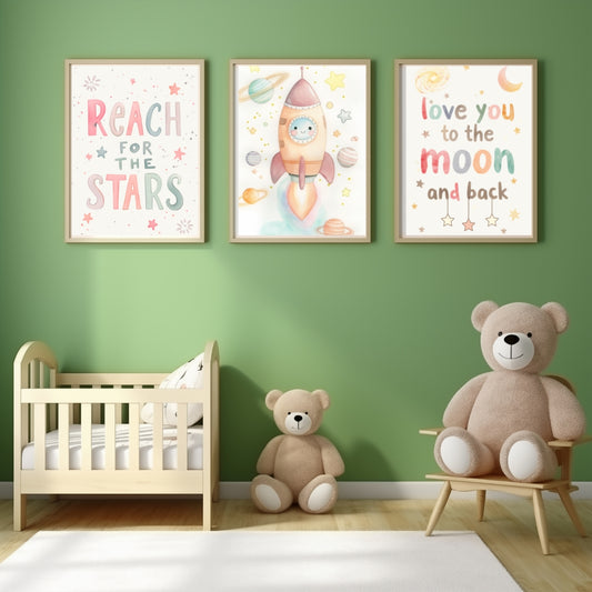 Space Nursery Wall Art Set of 3 – Moon & Stars Kids Room Decor – Digital Download